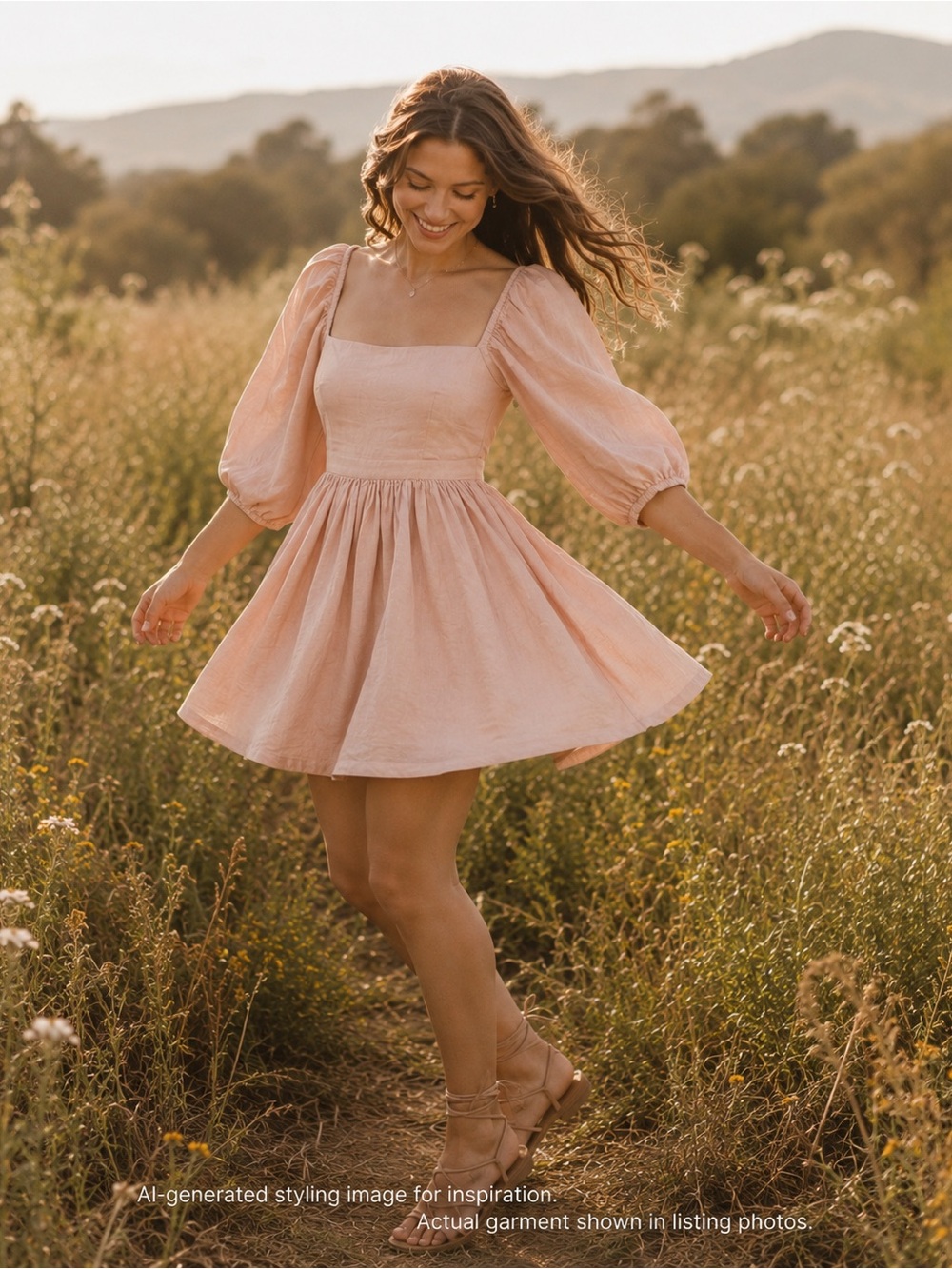 Mable Peach Pink Linen Blend Cutout Back Mini Dress Cottagecore Size S